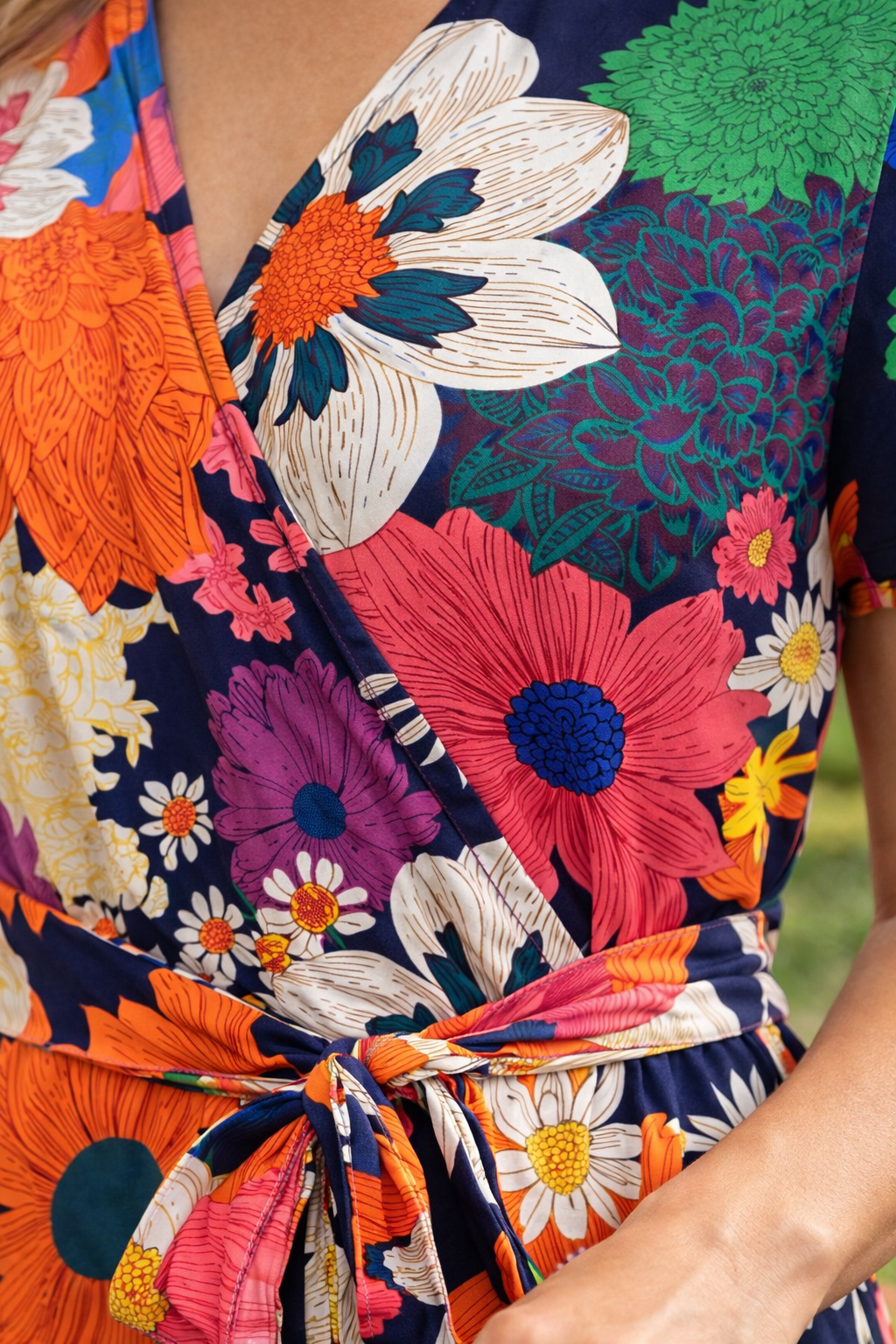 Navy Blue Floral Printed Wrap Dress
