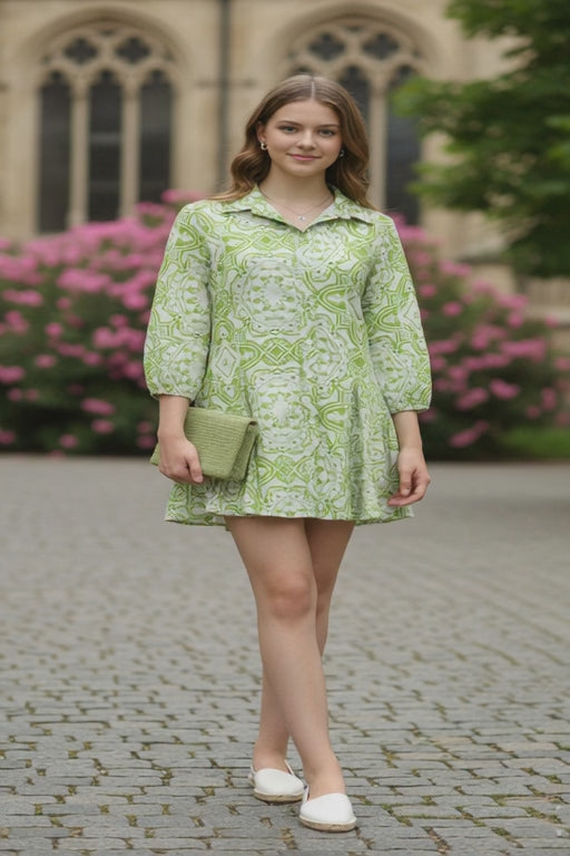 Mandala Print Flared Tunic with Three-Quarter Sleeves