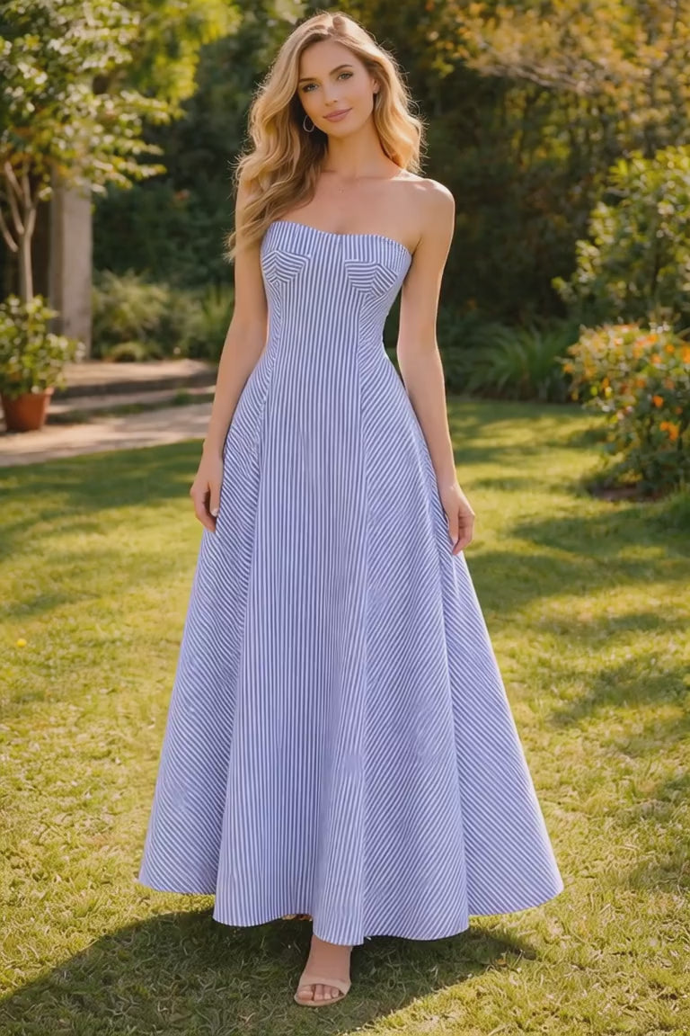 Blue & White Striped Strapless Maxi Dress