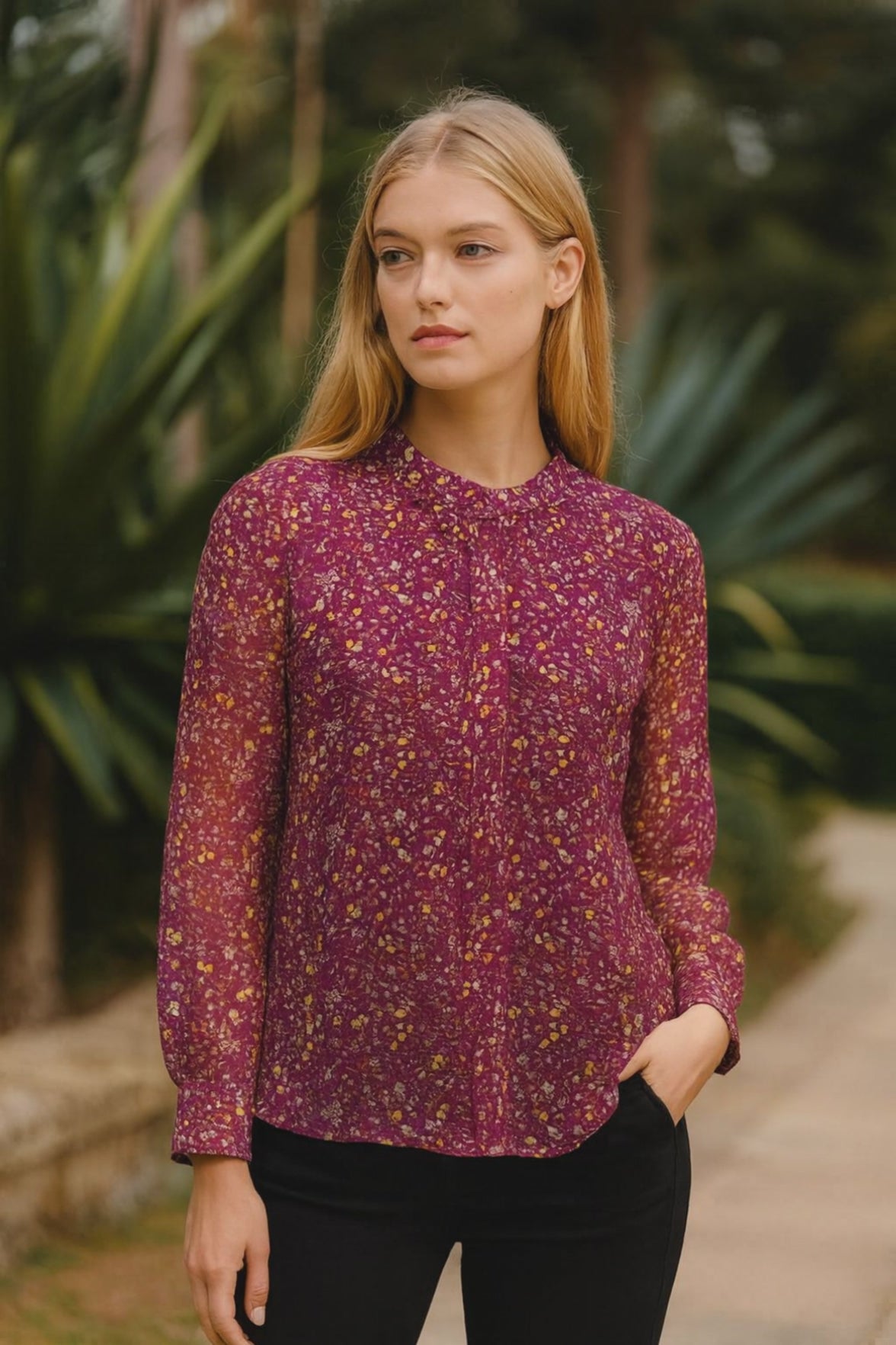 La Estiloso Maroon Floral Print Sheer Workwear Top