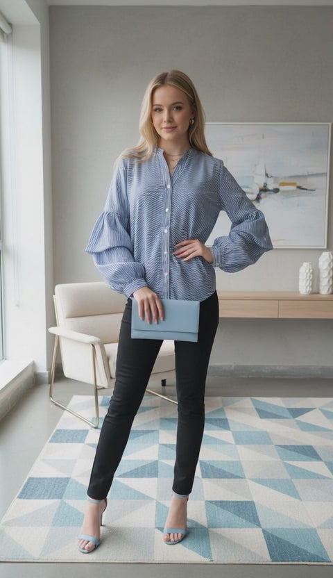 Yellow Striped Button-Down Shirt with Puff Sleeves