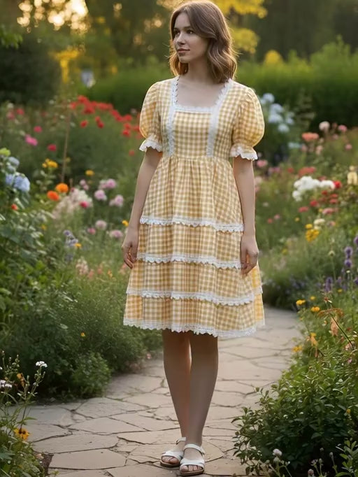 Buttercup Gingham Lace-Trim Cottage Midi Dress