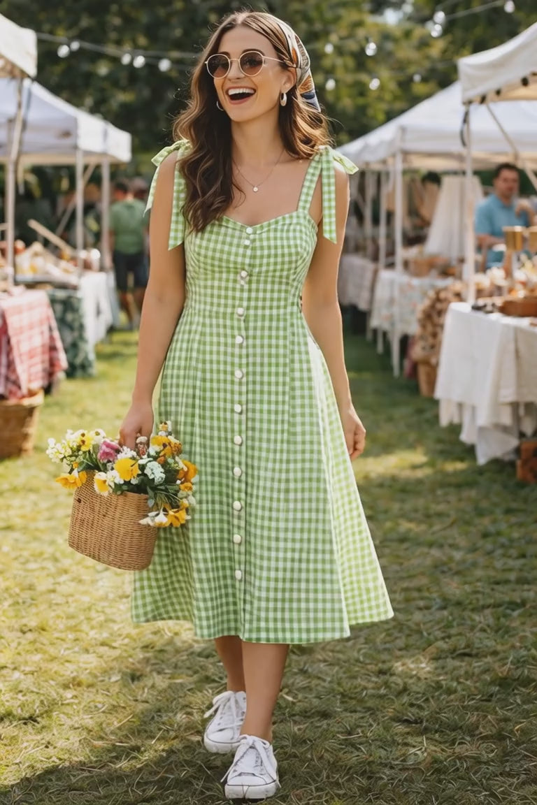 Green & White Gingham Cotton Button-Down Midi Dress