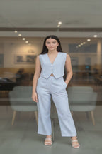 Sky Blue Striped V Neck Sleeveless Cord Set