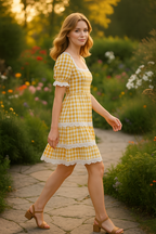 Buttercup Gingham Lace-Trim Cottage Midi Dress