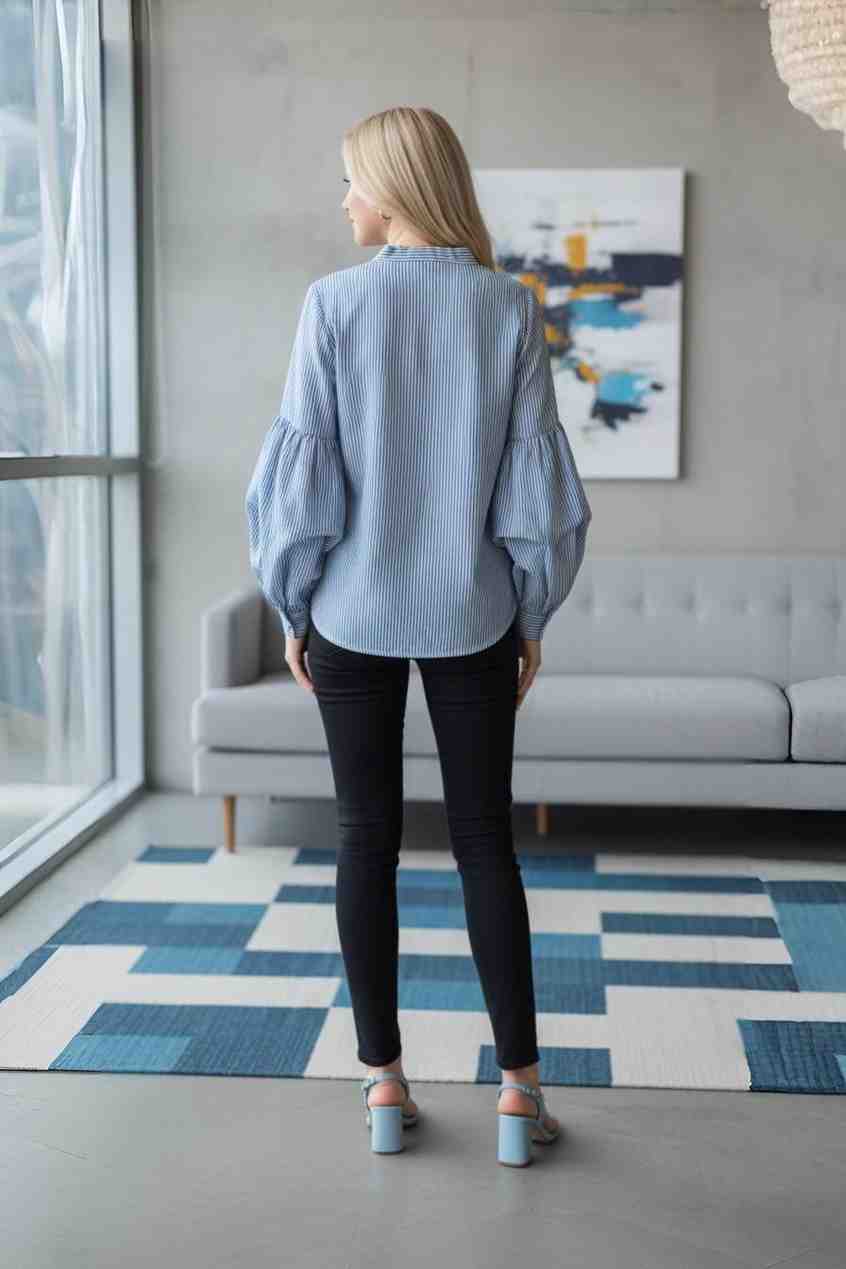 Yellow Striped Button-Down Shirt with Puff Sleeves