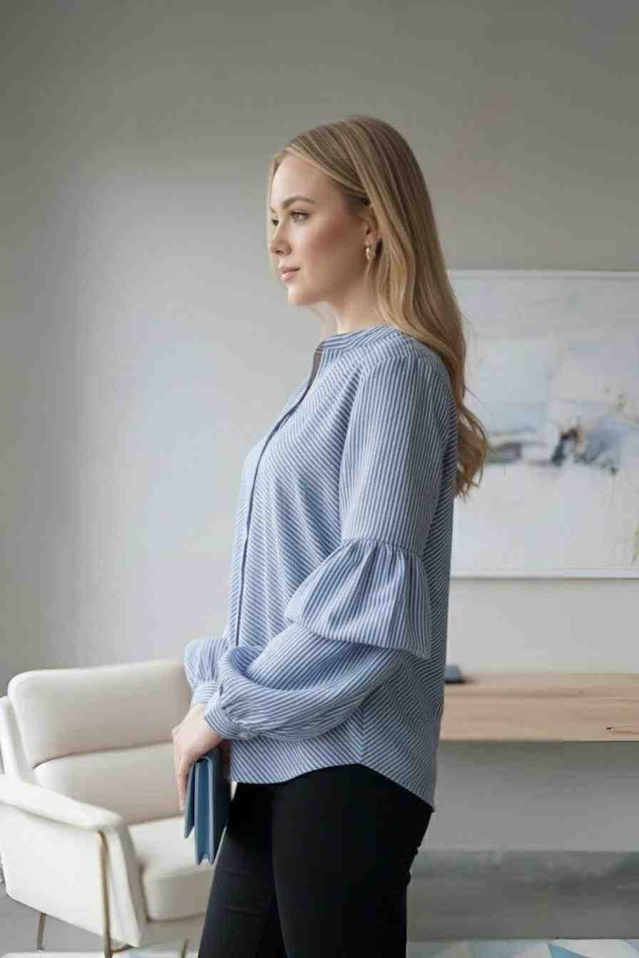 Yellow Striped Button-Down Shirt with Puff Sleeves