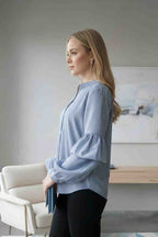 Yellow Striped Button-Down Shirt with Puff Sleeves