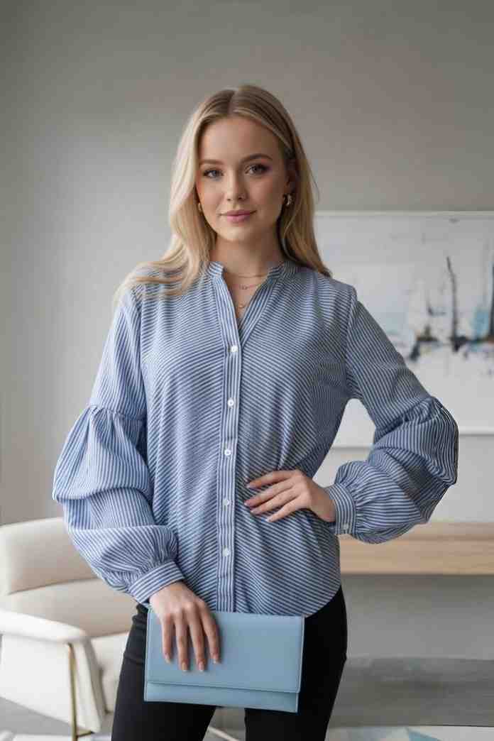 Yellow Striped Button-Down Shirt with Puff Sleeves