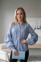 Yellow Striped Button-Down Shirt with Puff Sleeves