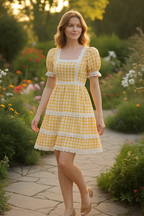 Buttercup Gingham Lace-Trim Cottage Midi Dress